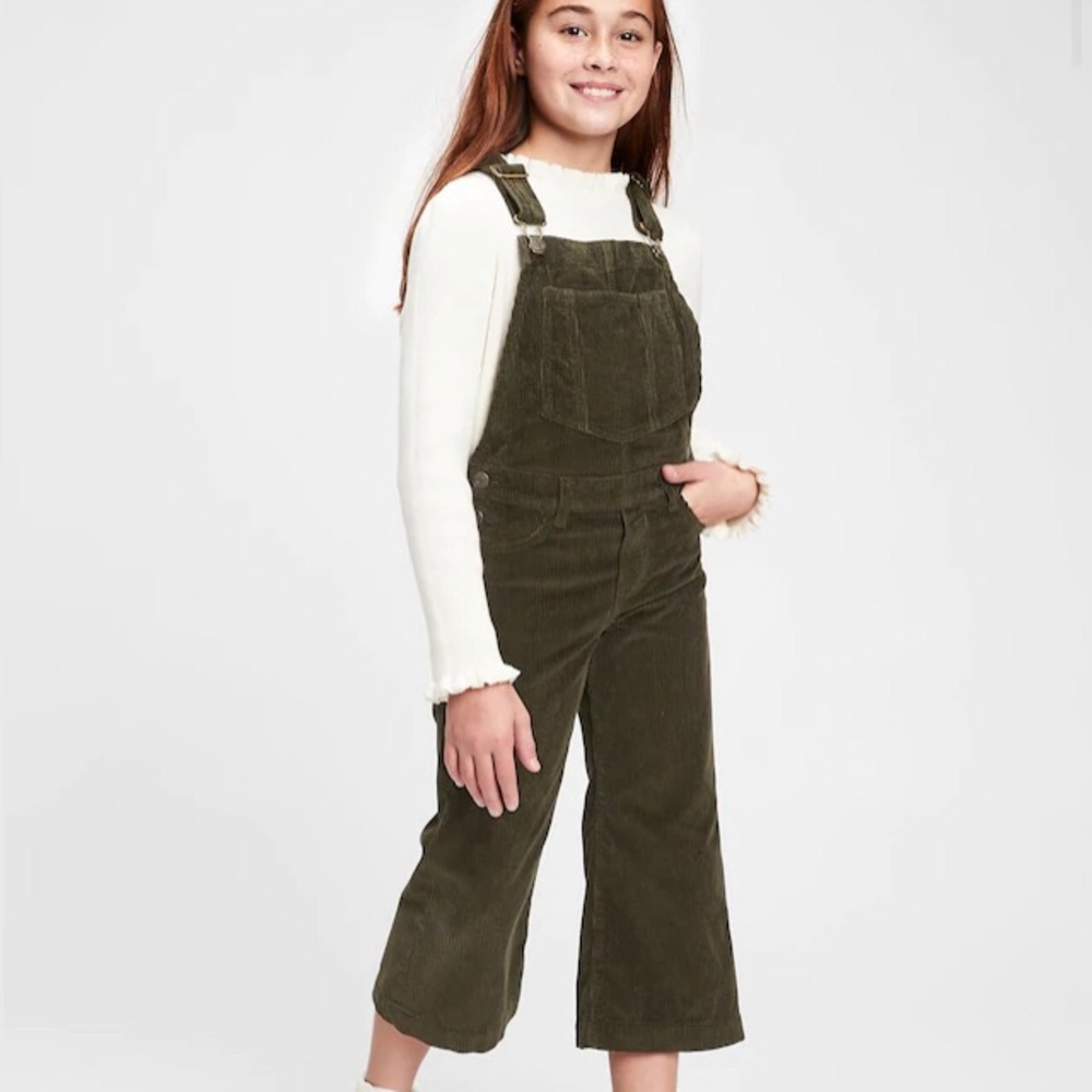 Girls cropped olive green corduroy overalls
